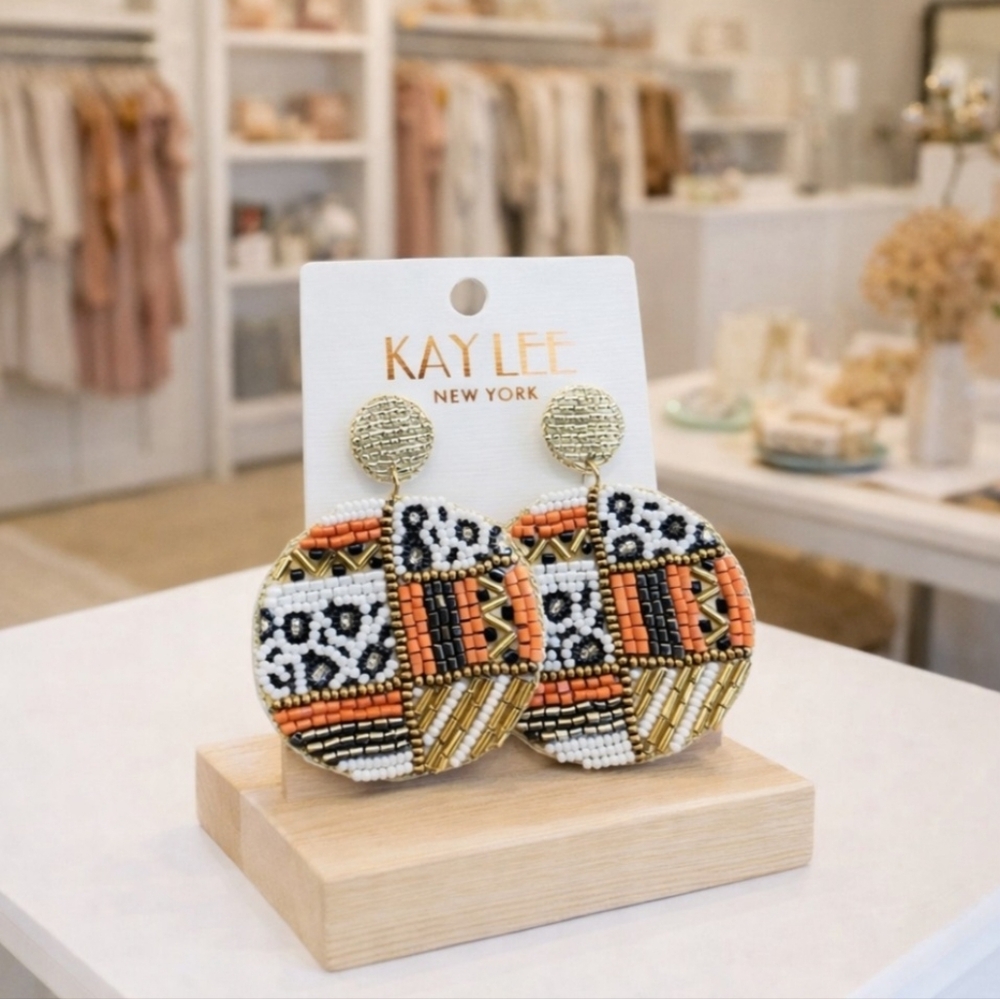 Kay Lee Animal Pattern Round Glass Beaded Earrings New